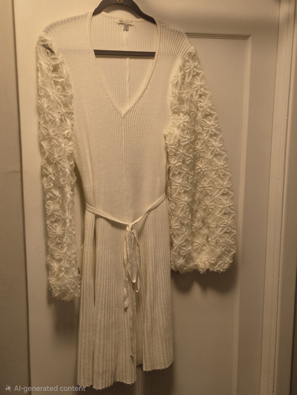 White V-Neck Ribbed Knit Dress with Floral Sheer Sleeves